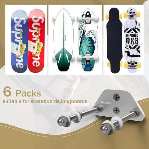Skateboard Wall Mount Display(6 Packs)-Aluminum Ramp Shape Skateboard Deck Wall Mount with Two Screw Holes for Horizontal and Vertical Hanging Skateboard Display Decor-(Black in Kuwait