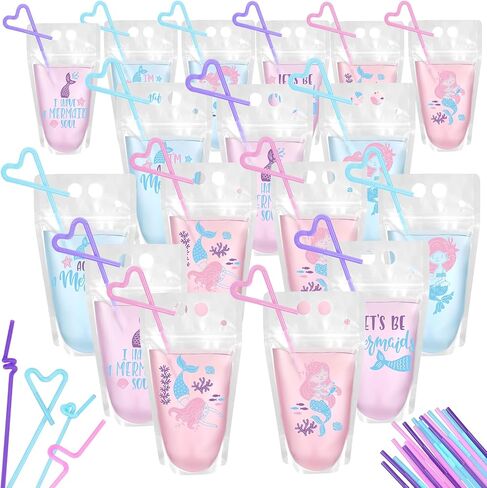 24 Pack 15 oz Mermaid Tail Juice Pouches With Straw - Under the Sea Theme Drink Pouches for Ocean Birthday Party Decorations and Favors in Saudi Arabia