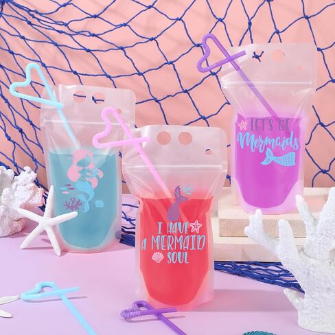 24 Pack 15 oz Mermaid Tail Juice Pouches With Straw - Under the Sea Theme Drink Pouches for Ocean Birthday Party Decorations and Favors in Saudi Arabia