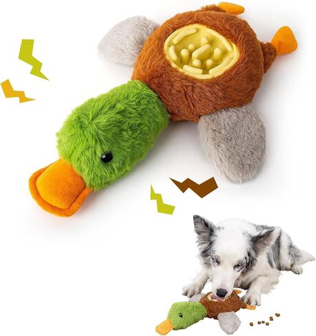 Hollypet Squeaky Plush Stuffed Dog Puzzle Toy with Slow Feeder Bowl, Interactive Chew Toy for Small and Medium Dogs, Wild Duck in Kuwait