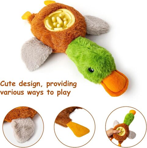 Hollypet Squeaky Plush Stuffed Dog Puzzle Toy with Slow Feeder Bowl, Interactive Chew Toy for Small and Medium Dogs, Wild Duck in Kuwait
