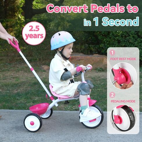 Liberry 2 in 1 Toddler Threcycle Age 2 3 4 Years ، Kids Trike مع مقبض دفع قابل للتعديل ، جرس وسلة ، 3 عجلات ركوب لعبة عيد ميلاد للفتيات الفتيات ، الوردي الفاتح in Kuwait