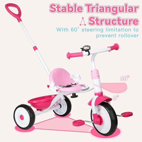 Liberry 2 in 1 Toddler Threcycle Age 2 3 4 Years ، Kids Trike مع مقبض دفع قابل للتعديل ، جرس وسلة ، 3 عجلات ركوب لعبة عيد ميلاد للفتيات الفتيات ، الوردي الفاتح in Kuwait