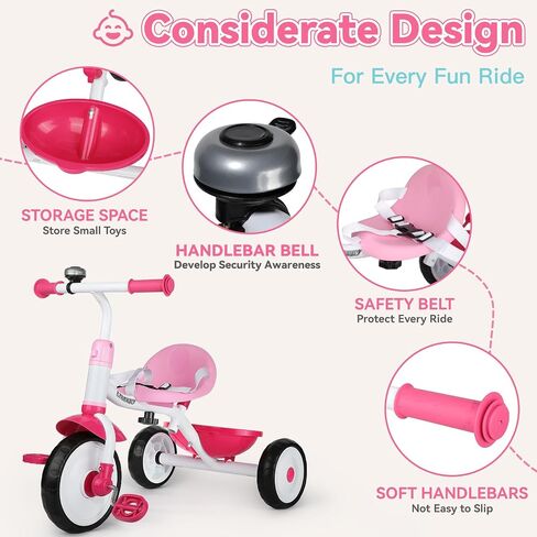 Liberry 2 in 1 Toddler Threcycle Age 2 3 4 Years ، Kids Trike مع مقبض دفع قابل للتعديل ، جرس وسلة ، 3 عجلات ركوب لعبة عيد ميلاد للفتيات الفتيات ، الوردي الفاتح in Kuwait