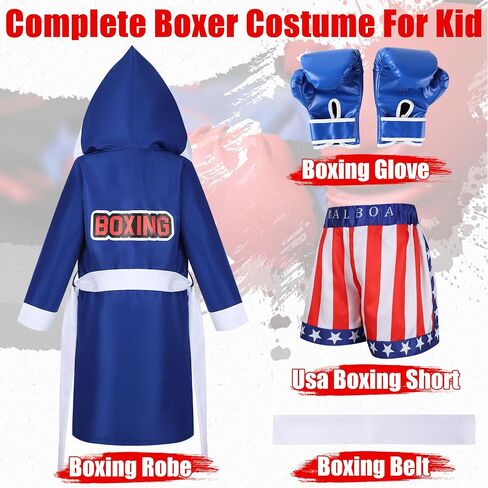 Boxing Costume Kids with Boxing Glove Robe Shorts,Halloween Boys Boxer Suit,American Boxer Robe in Kuwait