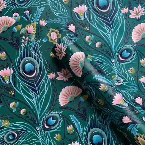 WRAPAHOLIC Peacock Wrapping Paper - Mini Roll - 17 Inch x 16.5 Feet - Green Peacock Design for Birthday, Wedding, Drawer Liners, Home Closet Shelves in Saudi Arabia
