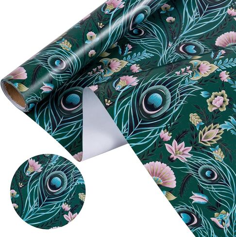 WRAPAHOLIC Peacock Wrapping Paper - Mini Roll - 17 Inch x 16.5 Feet - Green Peacock Design for Birthday, Wedding, Drawer Liners, Home Closet Shelves in Saudi Arabia