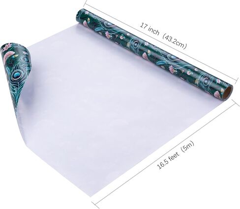 WRAPAHOLIC Peacock Wrapping Paper - Mini Roll - 17 Inch x 16.5 Feet - Green Peacock Design for Birthday, Wedding, Drawer Liners, Home Closet Shelves in Saudi Arabia