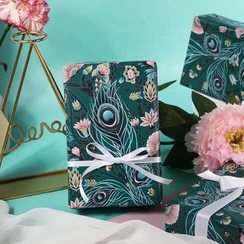 WRAPAHOLIC Peacock Wrapping Paper - Mini Roll - 17 Inch x 16.5 Feet - Green Peacock Design for Birthday, Wedding, Drawer Liners, Home Closet Shelves in Saudi Arabia