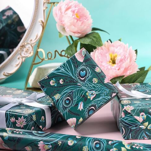 WRAPAHOLIC Peacock Wrapping Paper - Mini Roll - 17 Inch x 16.5 Feet - Green Peacock Design for Birthday, Wedding, Drawer Liners, Home Closet Shelves in Saudi Arabia