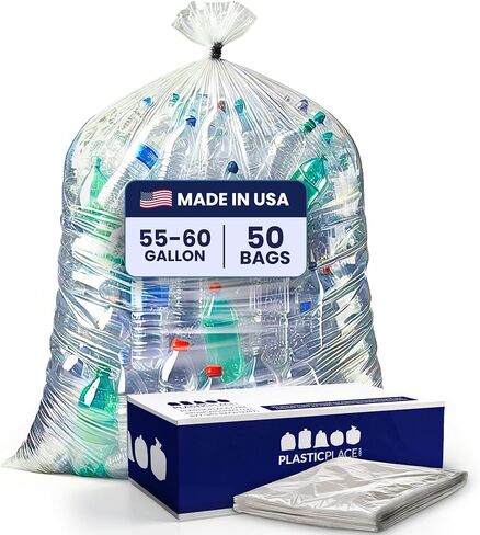 Plasticplace Contractor Trash Bags 55-60 Gallon, Heavy Duty Garbage Bags, 3.0 Mil Clear Trash Bags, Tear-Resistant Large Trash Can Liners for Construction, Recycling & Home Improvement (50 Count) in Kuwait