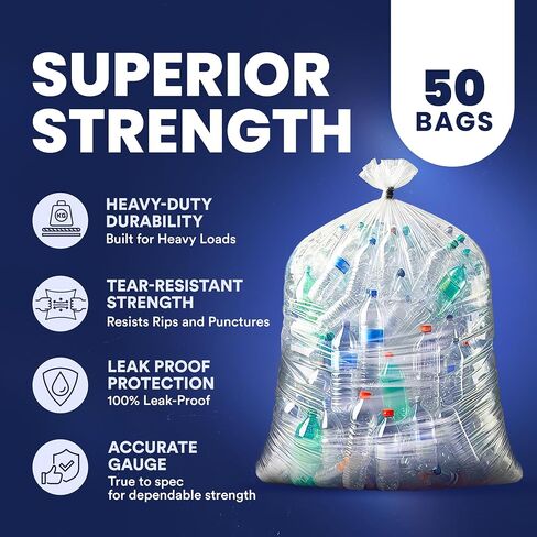 Plasticplace Contractor Trash Bags 55-60 Gallon, Heavy Duty Garbage Bags, 3.0 Mil Clear Trash Bags, Tear-Resistant Large Trash Can Liners for Construction, Recycling & Home Improvement (50 Count) in Kuwait