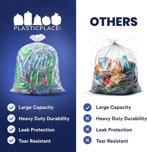 Plasticplace Contractor Trash Bags 55-60 Gallon, Heavy Duty Garbage Bags, 3.0 Mil Clear Trash Bags, Tear-Resistant Large Trash Can Liners for Construction, Recycling & Home Improvement (50 Count) in Kuwait