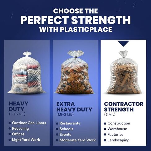 Plasticplace Contractor Trash Bags 55-60 Gallon, Heavy Duty Garbage Bags, 3.0 Mil Clear Trash Bags, Tear-Resistant Large Trash Can Liners for Construction, Recycling & Home Improvement (50 Count) in Kuwait