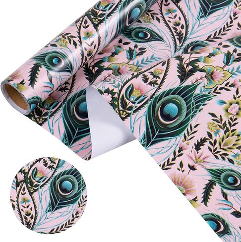WRAPAHOLIC Peacock Wrapping Paper - Mini Roll - 17 Inch x 16.5 Feet - Green Peacock Design for Birthday, Wedding, Drawer Liners, Home Closet Shelves in Kuwait