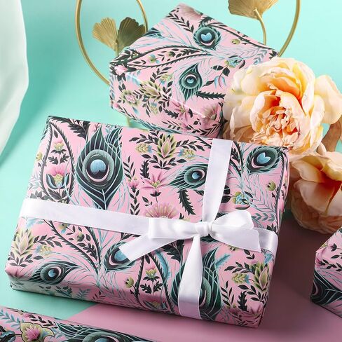 WRAPAHOLIC Peacock Wrapping Paper - Mini Roll - 17 Inch x 16.5 Feet - Green Peacock Design for Birthday, Wedding, Drawer Liners, Home Closet Shelves in Kuwait