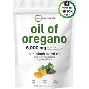 Micro Ingredients Oil of Oregano Softgels 6000mg Per Serving, 300 Count | with Black Seed Oil, 4X Strength Carvacrol & Thymoquinone | Plant Based, Non-GMO | Antioxidant & Immune Support