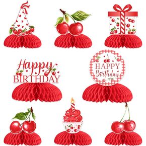Jollyboom Cherry موضوع عيد ميلاد فتاة الديكور ، 8pcs كرز عيد ميلاد سعيد العسل مركزية الجدول الزخرفة للكرز الأحمر الفاكهة الصيفية 1 ، 3rd الحادي والعشرين حفلة عيد الميلاد