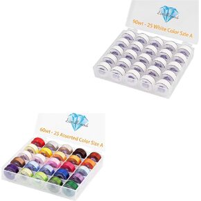 Simthread Size A SA156 PROWOND BOWBIN THREATH مع حزمة مربع بلاستيكية للتخزين | 25pcs ألوان متنوعة (60WT) و 25pcs الألوان البيضاء (90WT)