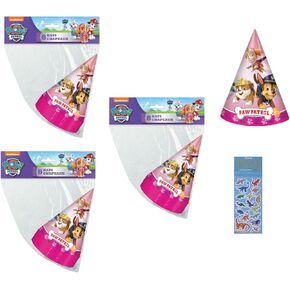 Unique Paw Patrol Girl Pink Birthday Party Supplies Bundle includes 24 Party Paper Hats and 1 Dinosaur Sticker Sheet