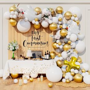 أول مجموعة قوس بالون مع الذهب كروس أبيض بالون البالونات 123pcs لأول معمودية معمودية صبي تعميد الله بارك الله في الحزب (الذهب الأبيض)