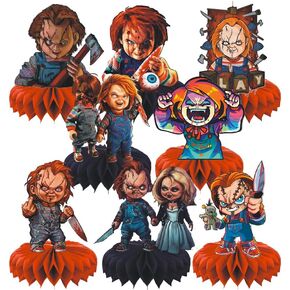 8pcs زخارف حفلة عيد ميلاد Chucky ، شخصية الرعب شخصية الحزب العسل على طاولة مركزية الحزب تشاكي حفلة عيد ميلاد ديكورات طاولة أعياد الميلاد للأطفال البالغين