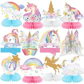 Pickmesh 12 PCS قوس قزح Unicorn قرص العسل المركزية 3D مزدوج الوجه قوس قزح الغيوم كب كيك القلاع زخارف حفلة عيد ميلاد طاولة التزيين الجدول Topper لتوفيات الحفلات