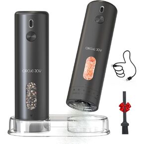 CIRCLE JOY Rechargeable Electric Salt and Pepper Grinder Set with Base, Automatic Pepper Mills with 110ml Container, External Adjustable Coarseness, White Led Light and One-Handed Operation, Black