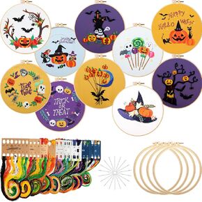 10 Sets Embroidery Kit with Patterns and Instructions DIY Adult Beginner Embroidery Kits for Beginners Adults Embroidery Supplies (Halloween Style)
