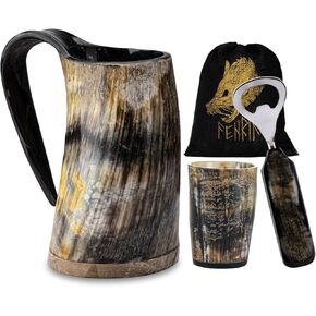 Fenrir Viking شرب القرن Mug-16 أوقية مع زجاج النار | هدايا فايكنغ للرجال والنساء | فتاحة الزجاجة | 100 ٪ مصنوعة يدويًا وحقيقي ثور القرن | كأس هورن نورس فايكنغ مثالي للبيرة ، البيرة ، ميد ، ويسكي