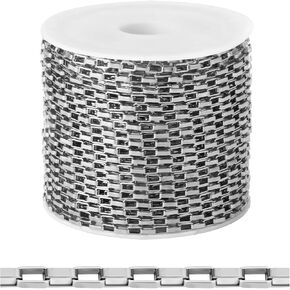 [33 FT] Stainless Steel Box Chains Bulk for Jewelry Making, 2mm 304 Stainless Steel Rectangle Square Links Chains Roll Spool for Jewelry Making DIY Craft