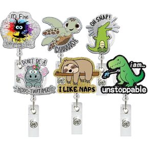 6 Pcs Funny Acrylic Badge Holder - Waterproof Retractable with Alligator Clip Lightweight, Badge Reel for Key Keychain, Ideal for Coworkers Teachers Students Doctors, Ideal Gift