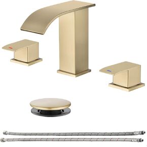 RANDOM Brushed Gold Bathroom Faucet 3 Hole 2 Handle Bathroom Sink Faucet Widespread with 360 Degree Swivel Spout,Stainless Steel Gold Faucets for Bathroom Vanity with Pop-up Drain and Supply Line