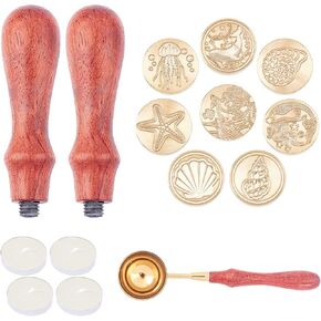 مجموعة ختم ختم الختم الشمع من Craspire Ocean Heads 8pcs قابلة للإزالة من النحاس مع مقبض الخشب 2pcs ، وملعقة شمعية 1pc وشموع 4pcs لدعوات الزفاف المظلات الحرف الشمعية اللاصقة