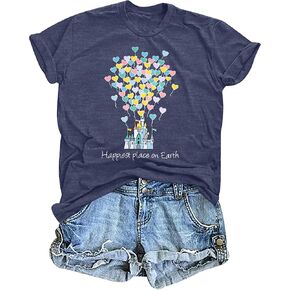 KIDDAD Happiest Place On Earth T-Shirt Women Castle Balloon Graphic Shirt Casual Short Sleeve Trip Tee Top