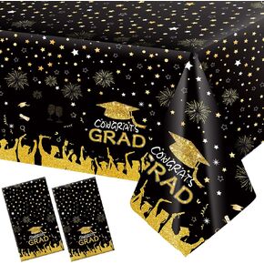 2 Pack Graduation Tablecloth 2025 Congrats Grad Table Covers Disposable Plastic Black Gold Rectangular Tablecover Waterproof for Class of 2025 Graduation Party Decoration Supplies, 54 x 108 Inch