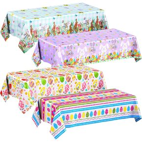 Oudain 4 Packs Easter Tablecloth Party Decorations, Spring Easter Eggs Bunny Table Cloth Plastic Disposable Rectangle Table Cover for Party Supplies Decoration Favors, 54 x 108 Inch