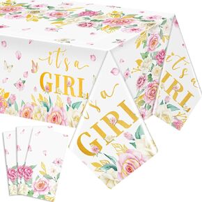 Peryiter 3 PCS Floral Baby Shower TableCloth إنه طاولة فتاة تغطية البلاستيك بطفلة مملوكة مائدة زهرية زهرية الربيع للفتيات استحمام الطفل الجنس الكشف عن لوازم الحفلات