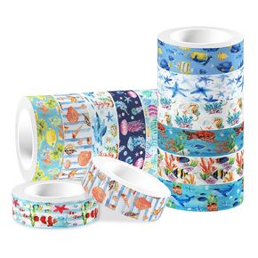 12 PCS Ocean Washi Tapes مجموعة أسماك القرش دلافين محارة النمط النمط الإقناع شريط المحيط ذو طابع زخرفي محيطي مطبوع على DIY ، مخطط ، مخطط ، سكرابوكينغ ، وديكور الحفلات