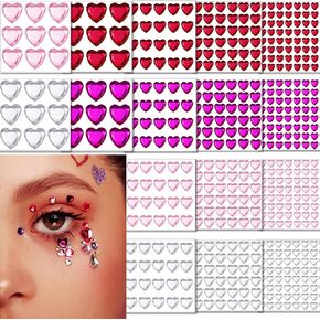 516 PCS Heart Rhinestones Face Sticker Acrylic Self Reshesive Heart Gems Red Pink Clear Red Red 6/10/12/18mm