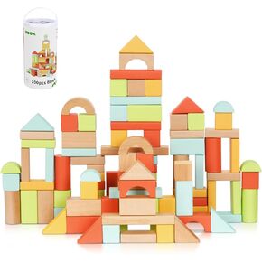 100pcs Building Blocks for Toddlers 1-3, Wooden Blocks for Kids with Storage Bucket and Shape Sorter Lid, Montessori Toys for 1 2 3 Year Old, Learning Toys for Preschool Girls and Boys.