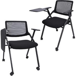 2 Pack Foldable & Stackable Conference Room Chairs, Folding Office Chair, Foldable Reception Chairs with Wheels and Arms & Tablet for Office Meeting, Conference, Reception, Training (Black