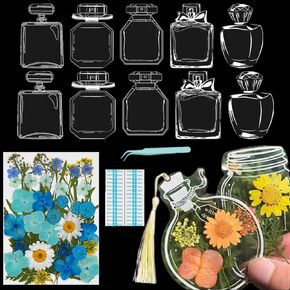 63PCS/Set DIY Dried Flower Bookmark Kit, Handmade Transparent Pressed Flower Book Marks Set Personalized Clear Glass Wishing Bottle Craft Page Markers Clips,Gifts (Bottle_A, Flower A)