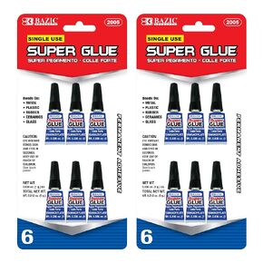 BAZIC Single Use Super Glue 1g/0.036 Oz, Mini Small Tube Clear Adhesive Fluid Liquid Bonding for Office & Home Improvement (6/Pack), 2-Pack