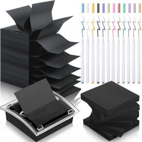 Yahenda 25 PCS منبثقة الملاحظة اللزجة ، مجموعة أقلام معدنية وموزع ، 3 × 3 بوصات منبثقة الملاحظات اللزجة ، الأقلام المعدنية للورق (أسود)