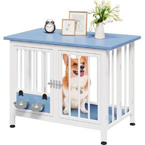 YITAHOME 33" Foldable Dog Crate Furniture, Portable Wooden Kennel End Table with Adjustable Feet & 360° Rotatable Bowls, Perfect for Small to Medium Dogs, Brown