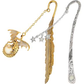 2 PCS إشارة مرجعية مضيئة العتيقة نحت الخطاف مارك توهج في Dark Moon Stars Dragon Dragon Feather Page Page Accessors قلادة القراء للقراء Bookworm DIY صياغة