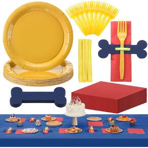 Zhehao 73 PCS Dog Paw Party Supplies Tablewares مجموعة أزياء باللونين الأحمر والأزرق ، تشمل لوحات المائدة لوحات من المنديل من منديل منظف يقدم 24 ضيفًا للجرو.