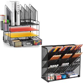 Marbrasse 4Tier Mesh Desk File Organizer with 5 Vertical File Holders + Multi-Functional Pen Holder