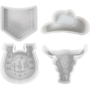 Western Theme Freshie Molds Bulk 4pk Longhorn Bull Skull, Jean Pocket, Horseshoe, Cowboy Hat Car Freshie Silicone Mold for Scented Aroma Beads, Car Candle, Soap Oven Safe Bake Heat Resistant to 400 F
